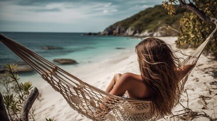 The woman traveler is enjoying her time on the beach while relaxing in a hammock. Generative AI