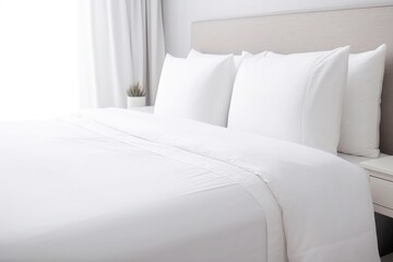 bed with white pillows in hotel, ai generative