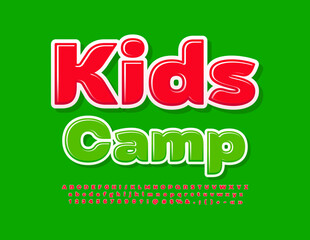 Vector bright Poster Kids Camp.  Modern Creative Font. Glossy Red Alphabet Letters and Numbers set