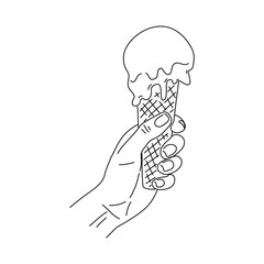 Woman hand holding an ice cream cone. Ink hand drawn style ice cream waffle. Vector.