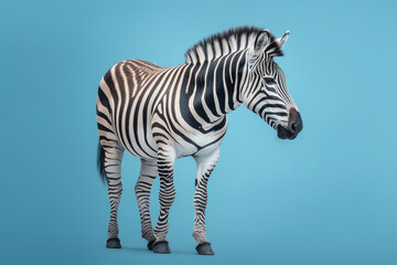 African Safari Encounter. Captivating full body zebra with a striking pattern, isolated on blue pastel background. Copy space. Nature concept AI Generative