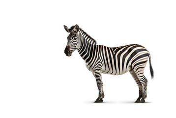 Fototapeta na wymiar African Safari Encounter. Captivating full body zebra with a striking pattern, isolated on white background. Copy space. Nature concept AI Generative