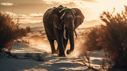 African elephant is walking in the snow, generative AI