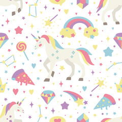 Seamless vector pattern with cute unicorns on a floral background. Ideal for textiles, wallpapers or prints.