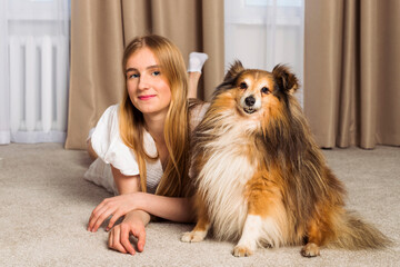 Portrait of the Adorable aged Miniature Sheltie dog and its owner, cute blonde girl. Strong friendship and love between owner and the pet.