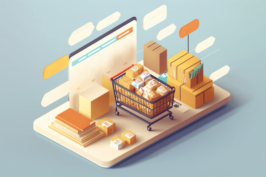 E commerce implementation, isometric view. Generative AI illustration.