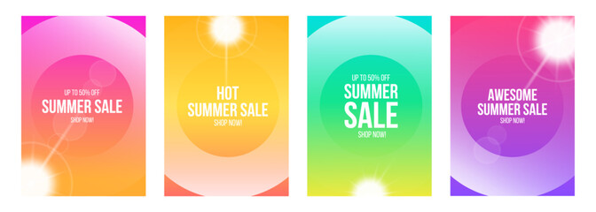Summer Sale Commercial Set. Summertime theme sale promotional backgrounds with bright color gradients and summer sun. Vector illustration.