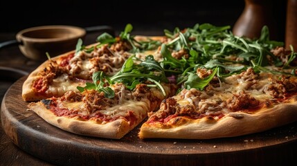 Pizza rucola on a wooden plate, generative AI