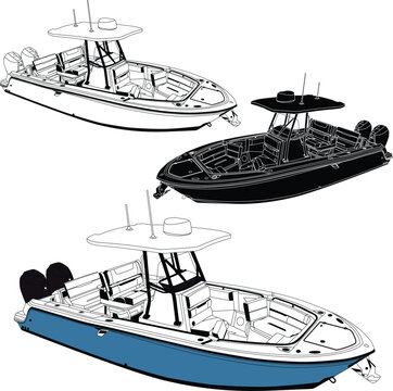 Vector, line art and color image of fishing boat on a white background.