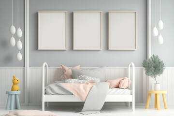 Mockup three poster frame in children bedroom. Generative AI illustration.
