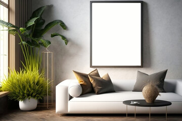 Mockup poster frame in modern living room. Generative AI illustration.