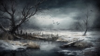 Obraz na płótnie Canvas Dark winter landscape with a lake, feelings of depression and sadness, generative AI