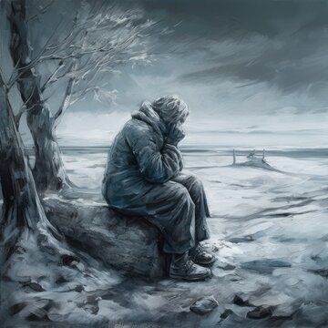 Old woman crying in a dark winter landscape, feeling of sadness and depression, generative AI