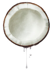 Coconut split in half with extract or coconut oil dripping. Coconut water or juice dripping from...