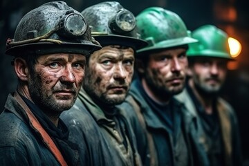 A team of miners, dressed in safety gear and hard hats, are working inside a coal mine. Generative AI.
