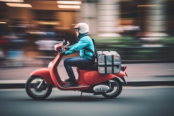 Obraz na płótnie Canvas A food delivery man in a helmet and bright backpack speeds through the busy streets on his motorbike, motion blur. Generative AI.