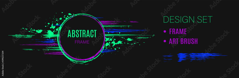 Poster set of design elements, circular frame, grunge art brushes dark circle on background with horizontal
