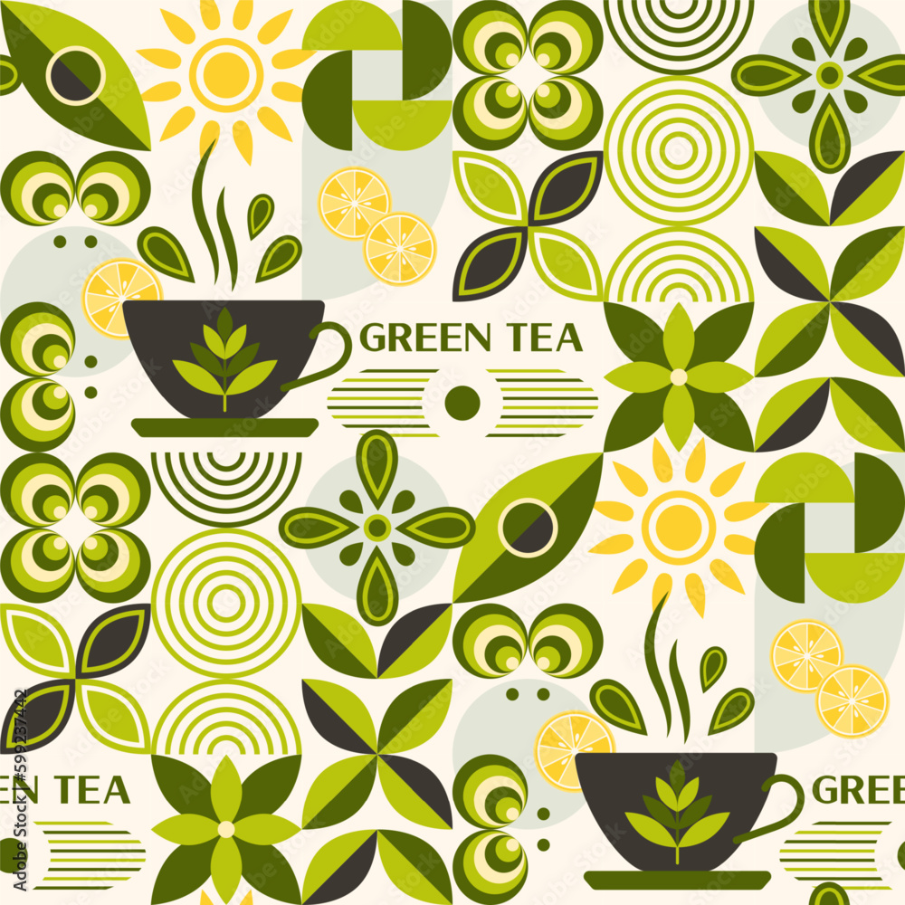 Aufkleber tea themed pattern with icons, design elements in simple geometric style. seamless background with a