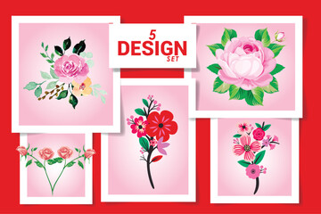 Vector set designs with cute flowers,  roses, leaves, floral