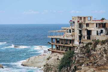 Beirut, Lebanon — 24.04.2023: Abandoned restaurant on the waterfront of Beirut overlooking the...