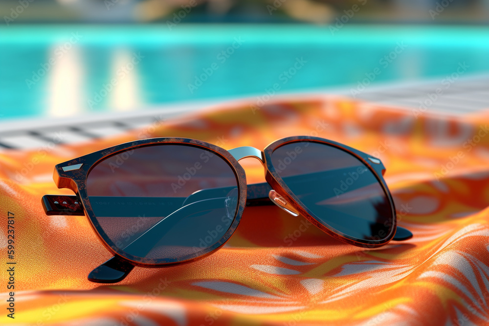Poster  A pair of stylish sunglasses resting on a colorful beach towel, with palm trees swaying in the breeze in the background.  Generative AI technology.
