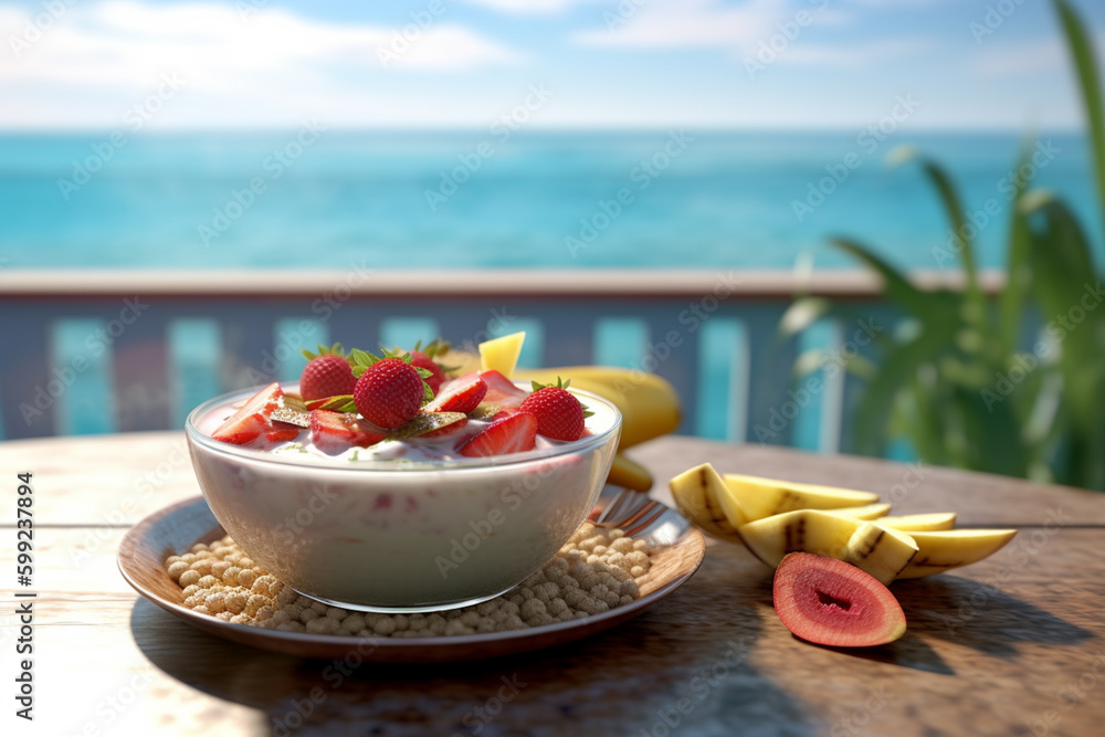 Poster a refreshing smoothie bowl topped with fresh fruits and nuts, sitting on an outdoor table with a vie