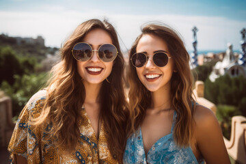 Tourist tour in Barcelona. Two young friends with fashion style and sunglasses enjoying in the Guell park during the holidays in Spain. Illustration. Generative AI