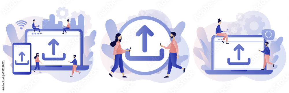 Aufkleber upload symbol. load sign. tiny people uploading data, files. data exchange concept. modern flat cart
