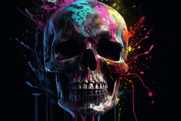 A colorful skull with a black background and a black background, generative ai 