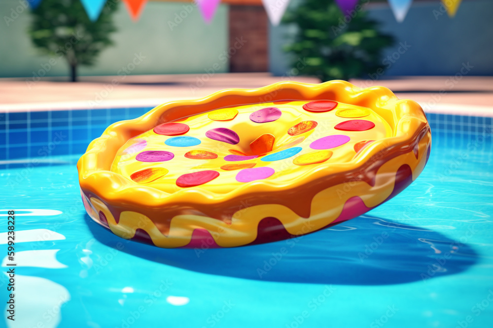Poster  A colorful and playful pool float, shaped like a giant slice of pizza or a unicorn, adding a fun touch to any pool party. Generative AI technology.
