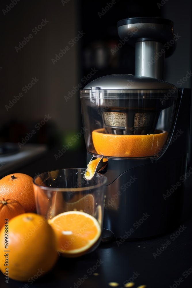Poster a juicer sitting on top of a counter next to oranges. ai generative image. generative ai