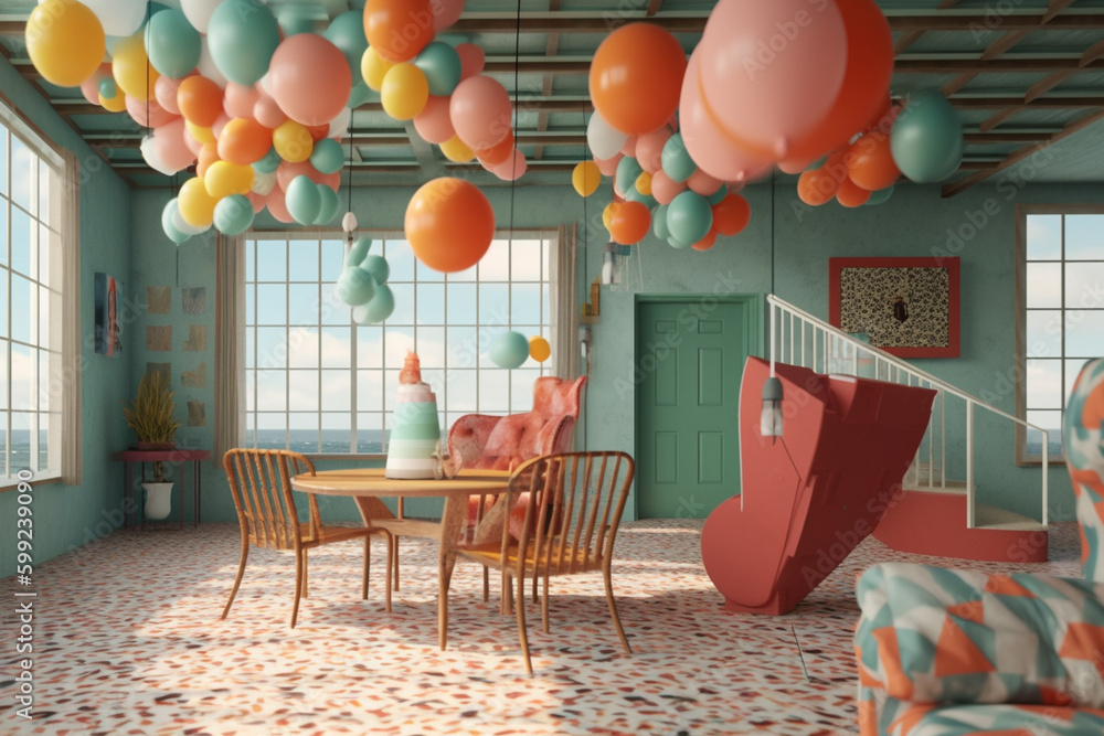 Poster A set of colorful and patterned beach chairs for lounging. . Generative AI technology.
