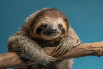 Serene Sloth Relaxation. Lazy Sloth Hanging from a Branch on a White Background. Tranquil Leisure AI Generative.
