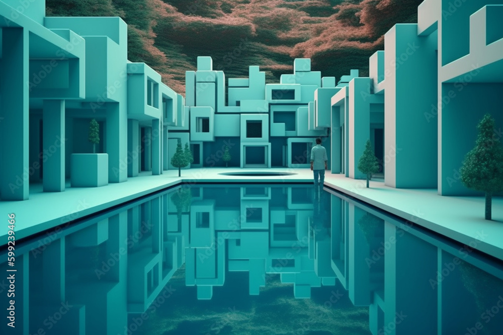 Poster a grid of squares in varying shades of blue, creating the impression of a swimming pool.. generative