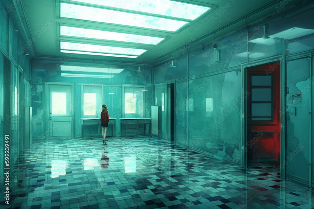 Poster a grid of squares in varying shades of blue, creating the impression of a swimming pool.. generative