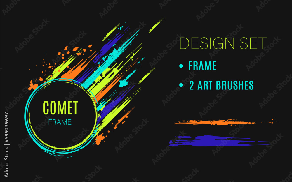 Poster set of design elements, circular frame like comet, grunge art brushes dark circle on background with