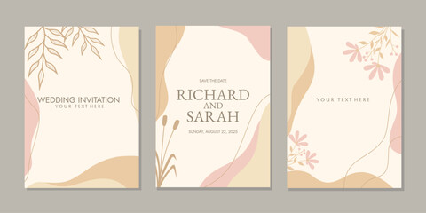 set of invitation cover template with hand drawn floral decorations. abstract boho botanical background. pastel color For book, invitation, binder, diary, planner, brochure, notebook, catalog