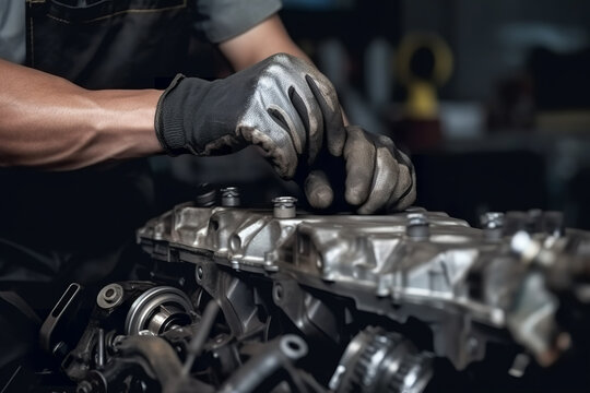 Auto car repair service center. Mechanic checking engine oil level - Generative AI