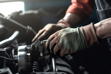 Naklejka na ściany i meble Auto mechanic working in garage. Car repair service. - Generative AI