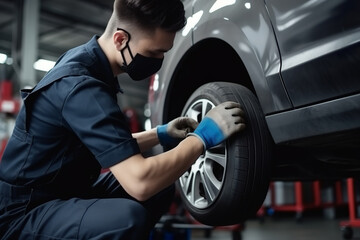Mechanic changing a car tire in a workshop on a vehicle in car repair service  - Generative AI