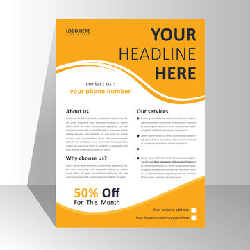 modern brochure flyer design template, poster business leaflets presentation pamphlet annual, a4 print layout with colorful yellow color vector illustration. Corporate flyer template design with image