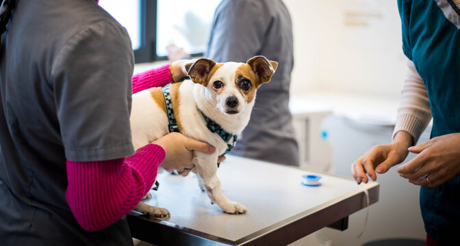 Un chien jack russell sur la table d'examen d'une clinique vétérinaire avec une perfusion