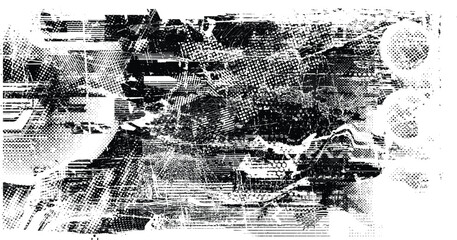Naklejka na ściany i meble Glitch distorted grungy isolated banner . Design element for brochure, social media, posters, flyers. Overlay texture.Textured banner with Distress effect .Vector halftone dots . Screen print texture