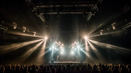 Fotobehang scène de concert vue du fond de la salle avec spots lumineux intense, silhouette du public au premier plan  © Sébastien Jouve