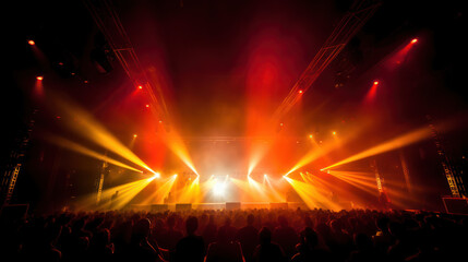 Fototapeta na wymiar scène de concert vue du fond de la salle avec spots lumineux intense, silhouette du public au premier plan 