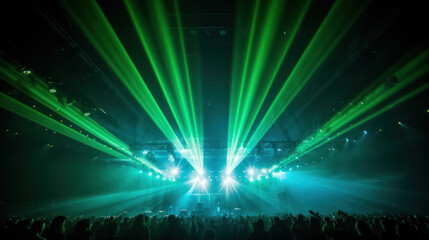 Fototapeta na wymiar scène de concert vue du fond de la salle avec spots lumineux intense, silhouette du public au premier plan 