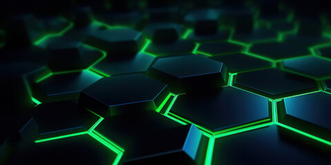 Fond numérique avec un éclairage vert vibrant et des couleurs marines profondes, présentant des formes hexagonales
