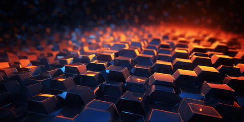 Obraz premium Fond numérique avec un éclairage orange vibrant et des couleurs marines profondes, présentant des formes hexagonales