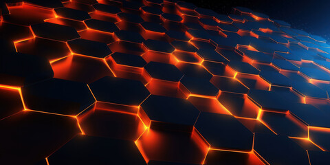 Obraz premium Fond numérique avec un éclairage orange vibrant et des couleurs marines profondes, présentant des formes hexagonales