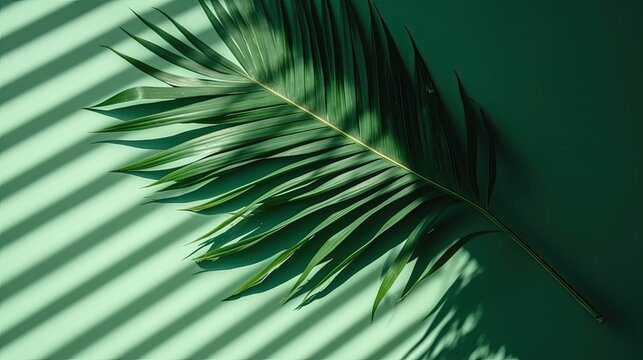 Palm leaf shadow on a green wall background with olive color. Generative AI.
